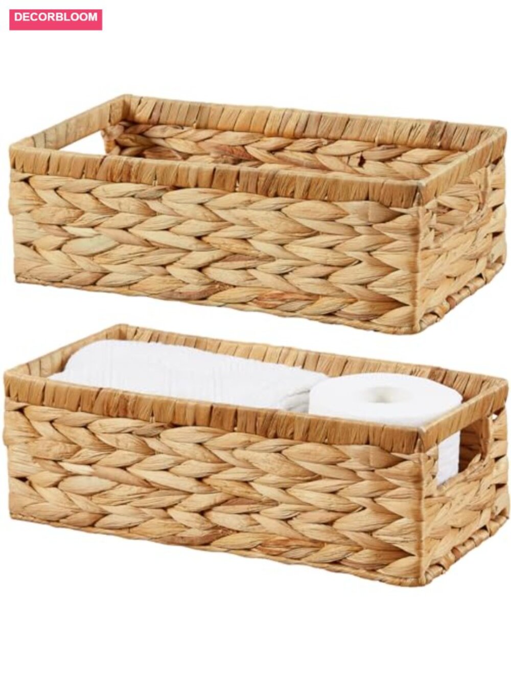 Water Hyacinth Wicker Storage Basket with Handles, Set of 2, Shelf Organizer
